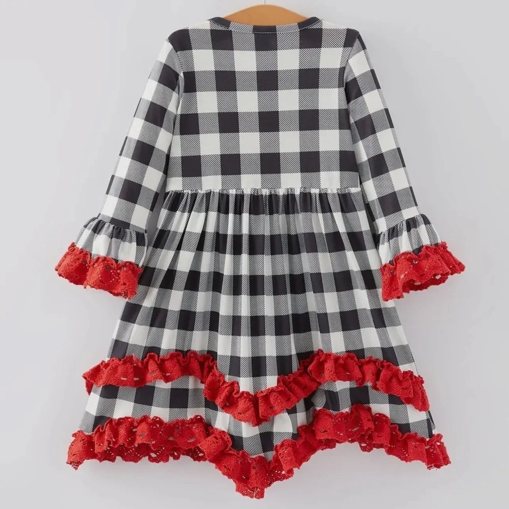 Plaid Long Sleeve Dress with Heart and Ruffle Details